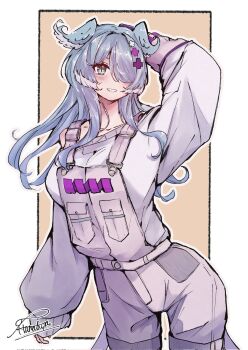 1girl aqua_eyes arm_up artist_name blue_hair blush breasts commentary contrapposto cowboy_shot elira_pendora elira_pendora_(1st_costume) geoff_h grin hair_over_one_eye hand_on_own_head hashtag-only_commentary head_wings highres large_breasts nijisanji nijisanji_en overalls signature single_off_shoulder smile solo symbol-only_commentary virtual_youtuber wings