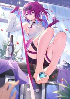 1girl absurdres annoyed barefoot book book_stack bottle breasts chahu_pao cloud collared_shirt cup curtains earrings eyewear_on_head falling_petals feet glasses gloves hair_between_eyes highres holding holding_cup honkai:_star_rail honkai_(series) indoors jewelry kafka_(honkai:_star_rail) knee_up lamp large_breasts legs liquid long_hair long_sleeves looking_at_viewer parted_lips petals pince-nez plant potted_plant purple-tinted_eyewear purple_eyes purple_gloves purple_hair reflection round_eyewear shirt sidelocks sky solo_focus sunglasses sunlight tinted_eyewear toenails toes v-shaped_eyebrows white_shirt window wine_bottle