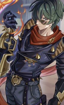 Rule 34 | 1boy, black gloves, blurry, blurry background, cowboy shot, fire, gloves, green eyes, green hair, grey pants, hair over one eye, hand up, highres, hollow (zenless zone zero), jacket, leather, leather jacket, lighter (zenless zone zero), looking at viewer, male focus, outdoors, pants, pouch, red pupils, red scarf, rxo2xs, scarf, short hair, solo, sparkle, spiked jacket, studded gloves, sunglasses, thigh pouch, zenless zone zero