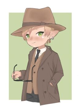 1boy black_tea blonde_hair borrowed_character brown_coat brown_hat coat commentary_request earrings eyebrows_hidden_by_hair facial_hair facial_mark final_fantasy final_fantasy_xiv goatee green_eyes hand_in_pocket hat highres holding holding_removed_eyewear jewelry male_focus mugi_(inekakokumotu) multiple_earrings second-party_source solo striped_clothes striped_vest sunglasses tea trilby unworn_eyewear upper_body vest warrior_of_light_(ff14)