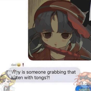 1other androgynous blue_hair blunt_bangs brown_coat brown_eyes brown_hat coat colored_tips commentary english_commentary english_text eyelashes hat hatsburg highres indoors len&#039;en light_blush multicolored_hair official_art_inset other_focus parted_bangs parted_lips pink_shirt senri_haiji shirt short_hair solo striped_clothes striped_hat striped_shirt text_messaging tongs upper_body xeno_a zuifeng_tenkai