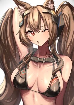 1girl 360_(taiyo360) absurdres alternate_costume angelina_(arknights) animal_ear_fluff animal_ears arknights arknights:_endfield arm_up armpits black_bra bra breasts brown_hair collarbone commentary_request double-parted_bangs fox_ears fox_girl gilberta_(arknights) headgear highres long_hair looking_at_viewer medium_breasts one_eye_closed partial_commentary red_eyes simple_background solo sweat textless_version twintails undersized_breast_cup underwear upper_body white_background