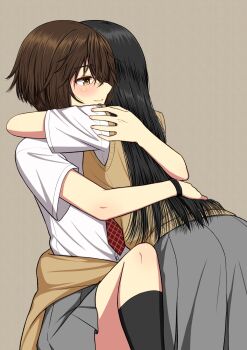 Rule 34 | 2girls, black hair, black socks, blush, brown background, brown eyes, brown hair, brown sweater vest, clothes around waist, commentary request, grey skirt, highres, hug, multiple girls, original, ryuusa, school uniform, shirt, short hair, simple background, skirt, smile, socks, sweater, sweater around waist, sweater vest, white shirt, yuri