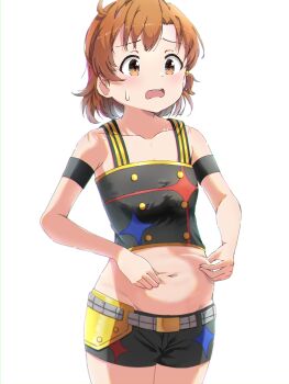1girl belly belly_grab belt breasts brown_eyes brown_hair collarbone commentary cowboy_shot crop_top highres idolmaster idolmaster_(classic) idolmaster_million_live! idolmaster_million_live!_theater_days idolmaster_movie micro_shorts navel okome0620 open_mouth plump short_hair shorts small_breasts starpiece_dreamer_(idolmaster) stomach sweatdrop weight_conscious yabuki_kana