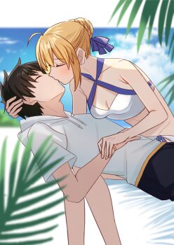 1boy 1girl absurdres ahoge artoria_pendragon_(fate) artoria_pendragon_(swimsuit_archer)_(fate) artoria_pendragon_(swimsuit_archer)_(first_ascension)_(fate) bare_shoulders bikini black_hair blonde_hair blue_ribbon braid breasts bun_with_braided_base cleavage closed_eyes commission fate/grand_order fate_(series) fujimaru_ritsuka_(male) fujimaru_ritsuka_(male)_(summer_street) hair_bun hair_ribbon hashtag-only_commentary highres hood hoodie kiss medium_breasts ribbon saber_(fate) second-party_source shintyoi2 short_hair short_sleeves sidelocks swimsuit white_bikini white_hoodie
