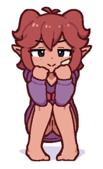 1girl beebz_(demon_turf) black_eyes cleft_of_venus demon_turf freckles full_body loli looking_at_viewer pussy red_hair shino_(shinokani) simple_background solo upskirt