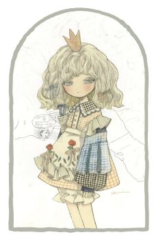 1girl acrylic_paint_(medium) apron bare_legs bloomers blue_sleeves blunt_bangs blush border bow closed_mouth collared_shirt commentary crown curly_hair dress feet_out_of_frame floral_print frilled_apron frills gingham_clothes gingham_dress grey_eyes hair_bow half-closed_eyes highres instagram_logo instagram_username karintoun long_eyelashes long_sleeves looking_at_viewer medium_hair original painting_(medium) pale_skin patchwork_clothes postmark shirt signature solo standing straight-on symbol-only_commentary traditional_media twitter_username twitter_x_logo underwear watercolor_(medium) watermark wavy_hair white_apron white_background