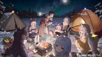 &gt;_&lt; 6+girls ahoge anya_nyabyss artist_request black_hair black_hat blonde_hair blue_eyes blue_hair book brown_coat burnt_food closed_eyes coat cooking copyright_name cup dragon_girl dragon_horns ember_amane flying_sweatdrops food gram_pico grey_hair hair_ornament hairband hat highres holding holding_book holding_cup holding_torch horns jacket jelly_hoshiumi kannagi_loki kneehighs komachi_panko long_hair moon multicolored_hair multiple_girls night open_clothes open_coat phase_connect pink_hat plaid_clothes plaid_scarf purple_hat red_hair red_panda_girl red_panda_tail roasted_marshmallow scared scarf shish_kebab sitting snake snow socks star_(symbol) star_in_eye streaked_hair symbol_in_eye tearing_up tent torch tree utatane_nasa vegetable white_scarf white_socks yellow_hairband yellow_jacket