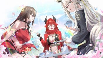 3girls absurdres bare_shoulders black_choker black_gloves black_jacket black_skirt blush breasts brown_hair cake choker cleavage closed_eyes commentary_request crop_top cup drill_hair fingerless_gloves food frilled_sleeves frills fune_(fune83ojj) glasses gloves goddess_of_victory:_nikke green_eyes hair_between_eyes highres holding holding_saucer horns jacket large_breasts leather long_hair looking_at_viewer mechanical_horns midriff multiple_girls navel open_mouth pretty_(nikke) princess_(nikke) purple_eyes rainbow red-framed_eyewear red_hair red_hood_(nikke) red_jacket red_scarf red_shirt red_skirt saucer scarf shirt sidelocks single_bare_shoulder skirt smile tea_party tea_set teacup teapot thigh_strap tiered_tray very_long_hair white_hair