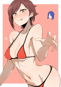 :p bare_shoulders bikini blue_hair blush breasts cassandra_ilion chibi chibi_inset claw_pose cleavage closed_mouth covered_erect_nipples daphne_lauros dungeon_ni_deai_wo_motomeru_no_wa_machigatteiru_darou_ka gobi_(jtnyrwbkohiqsuldg) green_eyes head_only heart highres looking_at_viewer medium_breasts navel red_bikini red_hair short_hair simple_background smile stomach sweatdrop swimsuit tongue tongue_out yellow_eyes
