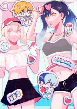 2boys 2girls alternate_hairstyle amogus aoyagi_touya azusawa_kohane bare_shoulders baseball_cap bikini black_hair black_shorts black_skirt blonde_hair blue_hair breasts chibi closed_mouth collarbone crop_top cup drinking_straw eyewear_on_head food fruit hair_between_eyes hand_on_own_hip hat heart heart-shaped_eyewear highres holding holding_cup long_hair looking_at_viewer midriff multicolored_hair multiple_boys multiple_girls navel off-shoulder_shirt off_shoulder open_mouth ponytail project_sekai see-through_clothes shinonome_akito shiraishi_an shirt short_hair short_shorts short_sleeves shorts skirt smile sunglasses swimsuit twintails two-tone_hair yellow_eyes yngpeaceful
