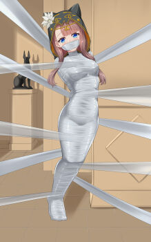 1852489 1girl absurdres arknights bandages bdsm blue_eyes bondage bound breasts brown_hair cloth_gag commentary_request full_body gag gagged highres hood hood_up improvised_gag indoors looking_at_viewer mummification_(bound) one_eye_closed pepe_(arknights) small_breasts solo statue suspension