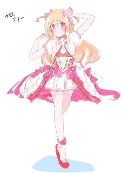 1girl blonde_hair chaos_marie_(grimms_notes) closed_mouth full_body grimms_notes highres long_hair miyasio_myso pink_eyes puffy_short_sleeves puffy_sleeves red_shoes shadow shoes short_sleeves smile solo