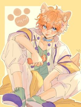 1boy ahoge akehoshi_subaru animal_ears arm_between_legs arm_cutout blue_choker blue_eyes bone choker clothing_cutout dog_ears ensemble_stars! hair_between_eyes highres holding holding_bone jacket kemonomimi_mode long_sleeves looking_at_viewer male_focus open_clothes open_jacket orange_hair orange_tail paw_print short_hair sitting sketch smile solo tongue tongue_out yawayapan