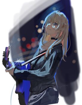 Rule 34 | 1girl, black choker, black sweater, choker, commentary, electric guitar, girls band cry, glint, grey eyes, grey hair, guitar, highres, instrument, kawaragi momoka, long hair, long sleeves, looking at viewer, solo, sweater, ubwmitekure