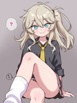 1girl antenna_hair aqua_nails black_shirt blush breasts closed_mouth crossed_legs feet_out_of_frame fingernails gradient_background green_eyes grey_background highres kasukabe_tsumugi long_fingernails looking_at_viewer messy_hair miniskirt nattocurryumeee necktie one_side_up pleated_skirt red_skirt shirt sitting skirt smile socks thighs voiceroid voicevox white_socks yellow_necktie