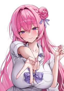1girl blush braid braided_bun breasts collarbone collared_shirt commentary_request dorothy_(nikke) goddess_of_victory:_nikke gyaru_v hair_bun hair_intakes highres korean_commentary large_breasts long_hair looking_at_viewer neck_ribbon pink_hair pink_nails purple_eyes purple_ribbon ribbon shirt single_hair_bun sleeves_rolled_up smile solo soymilk_arts2 twirling_hair upper_body v very_long_hair white_background white_shirt