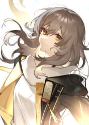 Rule 34 | 1girl, absurdres, black jacket, brown hair, chinese commentary, commentary request, crossed bangs, floating hair, from side, highres, honkai: star rail, honkai (series), hood, hood down, hoodie, jacket, looking at viewer, medium hair, open clothes, open jacket, potato (736622614), simple background, smile, solo, stelle (honkai: star rail), trailblazer (honkai: star rail), two-sided fabric, upper body, white background, white hoodie, yellow eyes