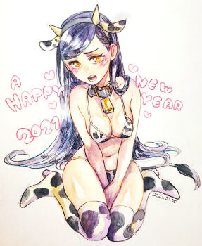 2021 animal_ear_hairband animal_ears animal_print bell bikini black_collar black_hair breasts breasts_squeezed_together cleavage collar commentary_request cow_ear_hairband cow_ears cow_horns cow_print cow_print_bikini cow_print_thighhighs cow_tail dated fake_animal_ears fake_horns fake_tail hairband happy_new_year hitsuki_(hiidukii) honzuki_no_gekokujou horns long_hair medium_breasts myne_(honzuki_no_gekokujou) neck_bell new_year orange_eyes print_bikini print_thighhighs sitting swimsuit tail thighhighs traditional_media very_long_hair wariza