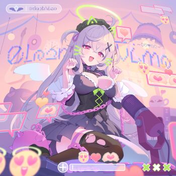 1girl :d ahoge album_cover animal_ears ball_and_chain_(weapon) beatrixa_(stella_sora) black_corset black_thighhighs breasts cat_ears cleavage cleavage_cutout clothing_cutout corset cover cross-laced_clothes cross-laced_corset drawn_ears drawn_whiskers dress emoji fake_cover frilled_dress frills game_cg green_halo grey_dress hair_ornament hair_ribbon halo heart highres large_breasts long_hair looking_at_viewer maid_headdress microdress mismatched_thighhighs non-web_source official_alternate_costume official_art open_mouth paw_pose pink_ribbon ribbon sitting smile smiling_face_with_heart-shaped_eyes_emoji solo speech_bubble spiked_ball_and_chain spoken_heart stella_sora thighhighs torn_clothes torn_thighhighs traditional_halo two_side_up underbust very_long_hair weapon white_thighhighs x_hair_ornament