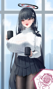 Rule 34 | 1boy, 1girl, absurdres, black hair, black halo, black pantyhose, black skirt, blue archive, blunt bangs, blush, breasts, bright pupils, commentary, covered erect nipples, cup, doodle sensei (blue archive), hair ornament, hairclip, halo, highres, holding, holding cup, huge breasts, implied lactation, lactation, lactation through clothes, lancheu, looking to the side, milk, multicolored halo, open mouth, pantyhose, pleated skirt, red eyes, red halo, rio (blue archive), sensei (blue archive), skirt, sweater, turtleneck, turtleneck sweater, two-tone halo, untranslatable commentary, wet sweater, white pupils, white sweater