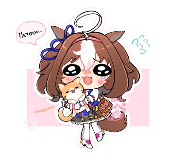 1girl ahoge animal animal_ears bag blue_dress blush bow breasts brown_hair carrot cat chibi commentary double-parted_bangs dress ear_ribbon english_commentary gloves hair_between_eyes hairband highres holding holding_animal holding_cat horse_ears horse_girl horse_tail long_sleeves looking_at_viewer medium_hair meisho_doto_(turbulent_blue)_(umamusume) meisho_doto_(umamusume) meto_(cat) multicolored_hair open_mouth pantyhose pink_hairband shibedraws shoes short_hair shoulder_bag speech_bubble tail tearing_up two-tone_hair umamusume white_dress white_gloves white_hair white_pantyhose