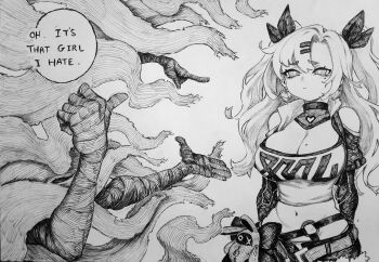 1girl amillion_(zenless_zone_zero) artist_self-insert bangboo_(zenless_zone_zero) bare_shoulders breasts chronozbergh cleavage closed_mouth earrings english_text graphite_(medium) greyscale hair_between_eyes hair_ribbon heart heart_earrings highres jewelry large_breasts long_hair mole mole_under_eye monochrome navel nicole_demara o-ring original pointing ribbon shirt shorts simple_background traditional_media two_side_up