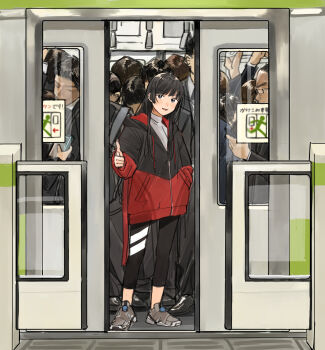 1girl black_eyes black_hair crowd crowded drawstring finger_gun formal_clothes grey_footwear hand_in_pocket hashtag-only_commentary highres hood hood_down hooded_jacket jacket koinko_(hunjinwashow) leggings long_hair long_sleeves looking_at_viewer multicolored_jacket multiple_boys nijisanji open_mouth partially_open_jacket partially_unzipped shoes sneakers solo_focus standing suit train tsukino_mito tsukino_mito_(hoodie) tsukino_mito_(sporty) turtleneck two-sided_fabric two-sided_jacket two-tone_jacket virtual_youtuber