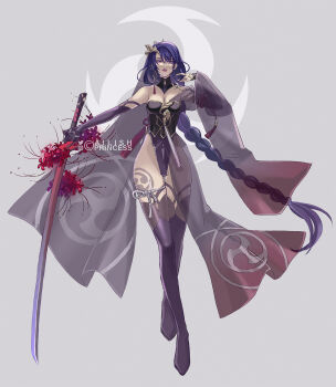 1girl alternate_costume alternate_universe arm_up blunt_bangs braid breasts bridal_gauntlets bride cleavage detached_collar earrings fake_horns flower full_body genshin_impact grey_background highres holding holding_sword holding_weapon horns japanese_clothes jewelry katana large_breasts leg_tattoo long_braid looking_at_viewer mitsudomoe_(shape) mixed-language_commentary mole mole_under_eye parted_lips princess_ailish purple_eyes purple_hair purple_lips purple_thighhighs raiden_shogun red_flower shade single_braid single_earring single_horn solo sword tattoo thick_thighs thighhighs thighs tomoe_(symbol) weapon wide_sleeves