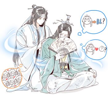 2boys 6uoou ? arrow_(symbol) bindi black_hair chinese_clothes closed_eyes creator_connection crossover dirty dirty_clothes energy folding_fan full_body green_hanfu hair_bun hand_fan hand_on_another's_back hand_on_own_knee hanfu headband heart highres holding holding_fan indian_style korean_commentary lan_wangji long_hair long_sleeves looking_at_another male_focus modao_zushi multiple_boys pants renzha_fanpai_zijiu_xitong sash shen_qingqiu simple_background sitting speech_bubble sweatdrop tassel thought_bubble wei_wuxian white_background white_hanfu white_headband white_pants wide_sleeves xiao_guan_(headdress) yellow_eyes
