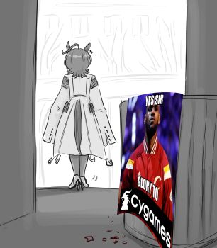 1girl agnes_tachyon_(tach-nology)_(umamusume) agnes_tachyon_(umamusume) ahoge animal_ears commentary cygames earrings english_commentary from_behind highres horse_ears horse_girl horse_tail jewelry johnholl0w lab_coat lebron_james marvel meme parody partially_colored single_earring sketch sleeves_past_fingers sleeves_past_wrists solo spider-man_(series) spider-man_2_(2004) tail trash_can umamusume walking_away wolf_cut