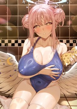 1girl absurdres angel_wings arm_under_breasts bare_arms bare_shoulders bathroom blue_archive blue_one-piece_swimsuit blush breasts cleavage collarbone commentary covered_erect_nipples covered_navel double_bun feathered_wings fingernails foam grabbing_own_breast gradient_halo groin hair_bun halo has_bad_revision has_downscaled_revision highres holding holding_sponge huge_breasts looking_at_viewer low_wings md5_mismatch mika_(blue_archive) multicolored_halo nompang one-piece_swimsuit pink_hair pink_halo pink_lips resolution_mismatch sitting soles solo source_smaller sponge swimsuit thighhighs thighs tile_floor tile_wall tiles wariza wet white_thighhighs white_wings wings yellow_eyes