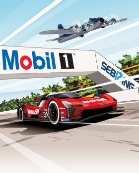 aircraft airplane b-17_flying_fortress cadillac cadillac_v-series.r car commentary english_commentary highres imsa_sportscar_championship le_mans_prototype michelin michelin_man mobil1 motor_vehicle no_humans official_art propeller race_vehicle racecar racetrack racing_line_designs real_world_location red_car sebring_international_raceway sky spoiler_(automobile) sponsor tree vehicle_focus