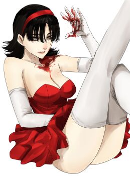 1girl black_hair blood blood_on_face blood_on_hands blood_splatter blood_string breasts cleavage dress elbow_gloves feet_out_of_frame gloves grey_eyes gunjyou_(gunjyou_00) hairband hand_up highres kirigoe_mima large_breasts looking_at_viewer medium_hair parted_lips perfect_blue red_dress red_hairband simple_background solo strapless strapless_dress thighhighs white_background white_gloves white_thighhighs