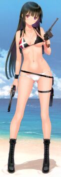 1girl absurdres ankle_boots beach belt belt_skirt bikini black_boots black_hair blush boots breasts combat_boots cross cross_necklace day dual_wielding female_focus full_body gluteal_fold gun handgun highres holding holster jewelry kilmaria_aideen lace-up_boots long_hair looking_at_viewer mauser_c96 navel necklace outdoors panties pendant pistol red_eyes revolver scan shiny_skin shoulder_holster sister_blood skindentation smile solo standing swimsuit thigh_holster tony_taka trigger_discipline underboob underwear weapon white_panties wristband