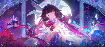 1girl bare_shoulders black_hair bow chinese_commentary closed_eyes columbina_(genshin_impact) commentary_request dress eye_mask feathered_wings genshin_impact head_wings highres long_hair mask moehikaru moon multicolored_hair multiple_views purple_hair streaked_hair very_long_hair white_bow white_dress white_wings wings wrist_bow