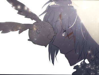 1boy allen_walker closed_eyes commentary_request creature cross d.gray-man facial_mark facing_another facing_to_the_side feathered_wings forehead_mark golem_(d.gray-man) hair_between_eyes horns iyo_(kurumiwarin) light_smile male_focus parted_bangs profile scar scar_across_eye scar_on_face short_hair simple_background solo teardrop tears timcanpy white_background white_hair wings