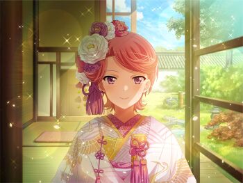 1girl blue_sky bride closed_mouth day flower game_cg garden hair_flower hair_ornament isurugi_futaba japanese_clothes kimono looking_at_viewer official_art pink_hair purple_eyes short_hair shoujo_kageki_revue_starlight shoujo_kageki_revue_starlight_-re_live- sky smile solo sparkle tatami upper_body white_kimono