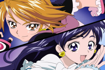2girls :d anime_coloring black_gloves black_hair black_sleeves blue_eyes brown_eyes brown_hair closed_mouth cure_black cure_white damascus_(dearigazu2001) detached_sleeves earrings fingerless_gloves floating_hair frilled_sleeves frills futari_wa_precure gloves heart heart_earrings highres jewelry long_hair long_sleeves looking_at_viewer misumi_nagisa multiple_girls open_mouth portrait precure short_hair smile split_screen swept_bangs very_long_hair white_sleeves yukishiro_honoka