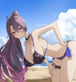 1girl absurdres ahoge beach bent_over bikini black_bikini black_choker breasts choker cleavage closed_mouth cloud collarbone frilled_bikini frills grey_hair hand_on_own_thigh highres himemiya_rie large_breasts long_hair mole mole_under_eye multicolored_hair navel ocean phase_connect pink_hair ponytail purple_eyes second-party_source sky solo streaked_hair swimsuit udonpan virtual_youtuber