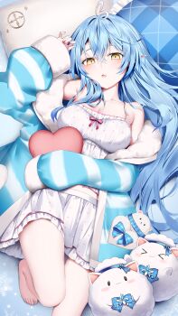 1girl absurdres ahoge aqua_jacket barefoot blue_hair blush breasts camisole cleavage collarbone commentary_request daifuku_(yukihana_lamy) elf fingernails fluffy_clothes foot_out_of_frame fur-trimmed_jacket fur-trimmed_sleeves fur_trim hair_between_eyes hair_ornament heart heart_ahoge highres hololive jacket large_breasts long_hair looking_at_viewer loungewear lying momose_momo_(100semomo) nail_polish navel official_alternate_costume official_alternate_hairstyle on_back on_bed open_mouth pajamas pink_nails pink_trim pointy_ears skirt sleepwear sleeves_past_fingers sleeves_past_wrists solo striped_clothes striped_jacket thighs very_long_hair virtual_youtuber white_camisole white_skirt yellow_eyes yukihana_lamy yukihana_lamy_(roomwear) yukimin_(yukihana_lamy)
