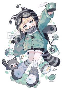 1girl :d animal_hat asymmetrical_legwear black_hat black_shoes black_shorts blonde_hair blunt_bangs blush_stickers camera cat_girl cat_hat cat_tail commentary cotono_(nazekun) cup dot_nose drink_carton full_body fur-trimmed_shorts fur_trim goggles goggles_on_headwear green_eyes green_jacket hat highres holding holding_cup jacket kneehighs long_sleeves milk_carton mismatched_legwear open_mouth original outstretched_arm print_socks shoes short_hair shorts signature simple_background smile socks solo standing star_(symbol) star_print striped_clothes striped_headwear striped_socks striped_tail symbol-only_commentary tail watermark white_background white_socks