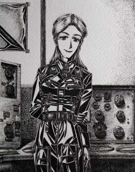 1girl absurdres belt_around_waist belt_buckle black_bodysuit black_gloves black_jacket bodysuit bordfunker133 buckle cargo_pants check_clothing clothing_request cross friedrich_rumpelhardt full-length_zipper genderswap genderswap_(mtf) gloves greyscale hand_on_own_arm highres indoors iron_cross jacket leather_belt long_hair luftwaffe military military_uniform monochrome narrowed_eyes nazi nazi_party_pin original pants photo_(medium) real_life reichsadler rumpelhardt-chan_(bordfunker133) smile solo swastika world_war_ii zipper