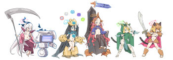 Rule 34 | 6+girls, absurdly long hair, absurdres, anger vein, aris (blue archive), black gloves, black hair, black skirt, blonde hair, blue archive, blue eyes, cape, cloak, commentary, cosplay, crossover, doodle sensei (blue archive), full body, game development department (blue archive), giant, giantess, gloves, green eyes, hair between eyes, health bar, highres, holding, holding scythe, holding sword, holding weapon, hood, hooded cloak, kei (amas) (blue archive), kei (blue archive), kei (new body) (blue archive), long hair, long hair between eyes, midori (blue archive), millennium science school logo, momoi (blue archive), multiple girls, nemo (leafnight), pink eyes, pink hair, pleated skirt, scythe, sensei (blue archive), sidelocks, simple background, sitting, skirt, slay the spire, slay the spire 2, sovereign blade, sword, the defect (slay the spire), the ironclad (slay the spire), the necrobinder (slay the spire), the regent (slay the spire), the silent (slay the spire), untranslatable commentary, very long hair, weapon, white background, yuuka (blue archive), yuzu (blue archive)