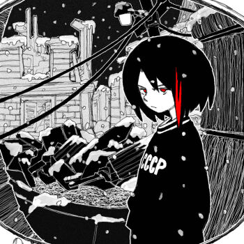 Rule 34 | 1girl, album cover, black hair, black hoodie, cover, greyscale, highres, hood, hoodie, hope left me (astrophysics), image sample, looking at viewer, monochrome, multicolored hair, outline, pale skin, red eyes, red hair, red streaks, sasha (astrophysics), snow, snowflakes, snowing, spot color, standing, streaked hair, ussr, white outline