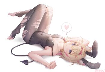 1girl absurdres alternate_costume amaterasu_(artist) animal_ears bandaid bandaid_hair_ornament bare_arms black_leotard black_pantyhose blonde_hair blue_eyes breasts cleavage commentary crossed_bangs demon_tail dog_ears dog_girl double-parted_bangs fake_animal_ears feet full_body grin hair_between_eyes hair_intakes hair_ornament heart highres hololive hololive_english knees_up leotard looking_at_viewer lying mococo_abyssgard multicolored_hair on_stomach pantyhose pink_streaks rabbit_ears short_hair simple_background small_breasts smile solo spoken_heart strap_slip streaked_hair symbol-only_commentary tail toes torn_clothes torn_pantyhose two_side_up virtual_youtuber white_background x_hair_ornament