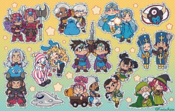Rule 34 | 6+boys, 6+girls, absurdres, animal ears, armor, aurora (cynicalruins), axe, beard, bikini armor, chibi, clown, dark-skinned female, dark skin, dragon quest, dragon quest iii, dual persona, facial hair, fake animal ears, fake horns, gadabout (dq3), habit, halberd, hat, helmet, hero (dq3), heroine (dq3), highres, holding, holding mace, holding polearm, holding sword, holding weapon, horned headwear, horns, liquid metal slime (dq), mace, mage (dq3), martial artist (dq3), merchant (dq3), monster wrangler (dq3), multiple boys, multiple girls, playboy bunny, polearm, priest (dq3), robe, sack, sage (dq3), slime (dragon quest), sword, thief (dq3), twintails, wagon, warrior (dq3), weapon, winged footwear, witch hat, zoma