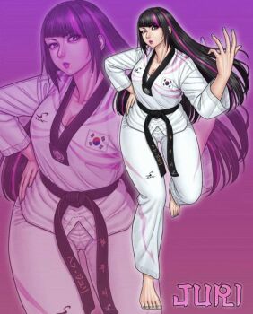 1girl alternate_costume alternate_hairstyle artist_request barefoot black_hair breasts capcom character_name cleavage dobok embroidery female_focus fingernails han_juri highres korean_flag large_breasts lips long_hair martial_arts_belt multicolored_hair multiple_views purple_hair source_request street_fighter two-tone_hair