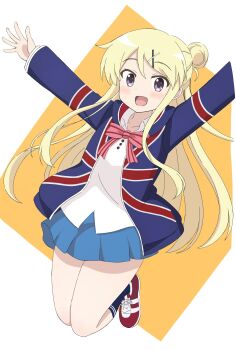 1girl blonde_hair blue_skirt collarbone double_bun female_focus hair_between_eyes hair_bun hair_ornament hairclip highres jumping kin-iro_mosaic kujou_karen legs long_hair looking_at_viewer open_clothes open_mouth purple_eyes ribbon school_uniform shirt shoes simple_background skirt socks solo thighs union_jack_print warm_sheep white_background white_shirt