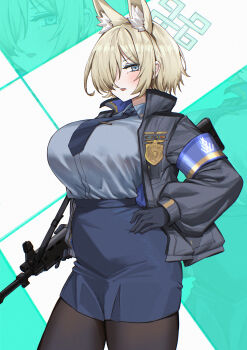 Rule 34 | 1girl, alternate hair length, alternate hairstyle, ammunition pouch, animal ear fluff, animal ears, assault rifle, blonde hair, blue archive, blue eyes, blue halo, breasts, dog ears, gun, gun sling, hair over one eye, halo, highres, howa type 89, kanna (blue archive), large breasts, long hair, persocon93, pouch, rifle, short hair, weapon